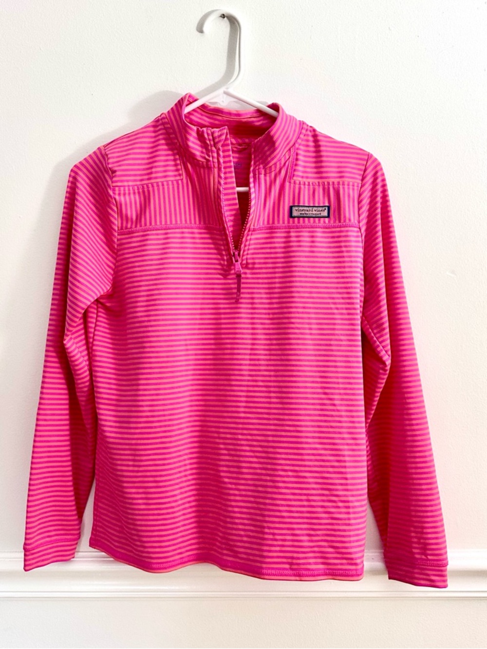 Vineyard Vines Girls Sankaty Shep Shirt Pink Orange Stripe Performance 1/4 Zip L